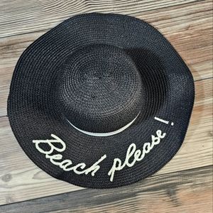 Nicole Marciano floppy black straw sun beach hat "Beach please "